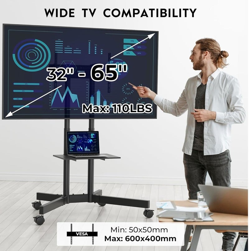 COOLHAWK Mobile TV Stand for 32 to 65 inch TVs | Fits 35 43 50 55 60 65 inch Screen | Heavy-Duty TV Stand with Wheels & Shelf | Adjustable Height | Supports 50Kg Max VESA 600x400 for Majlis, Living Room - Image 3